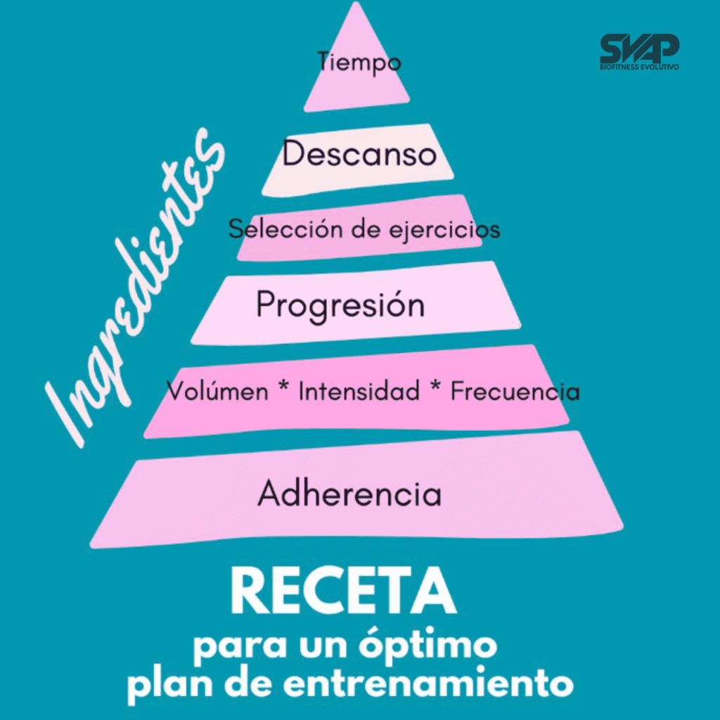 Pirámide de un plan de entrenamiento de fuerza eficaz con adherencia, volumen, intensidad, frecuencia, progresión, selección de ejercicios, descanso y tiempo.