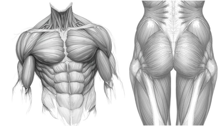 Ilustración anatómica de la musculatura del cuerpo humano que muestra los principales grupos musculares implicados en el entrenamiento de fuerza para mantener masa muscular y salud en personas mayores de 40 años.