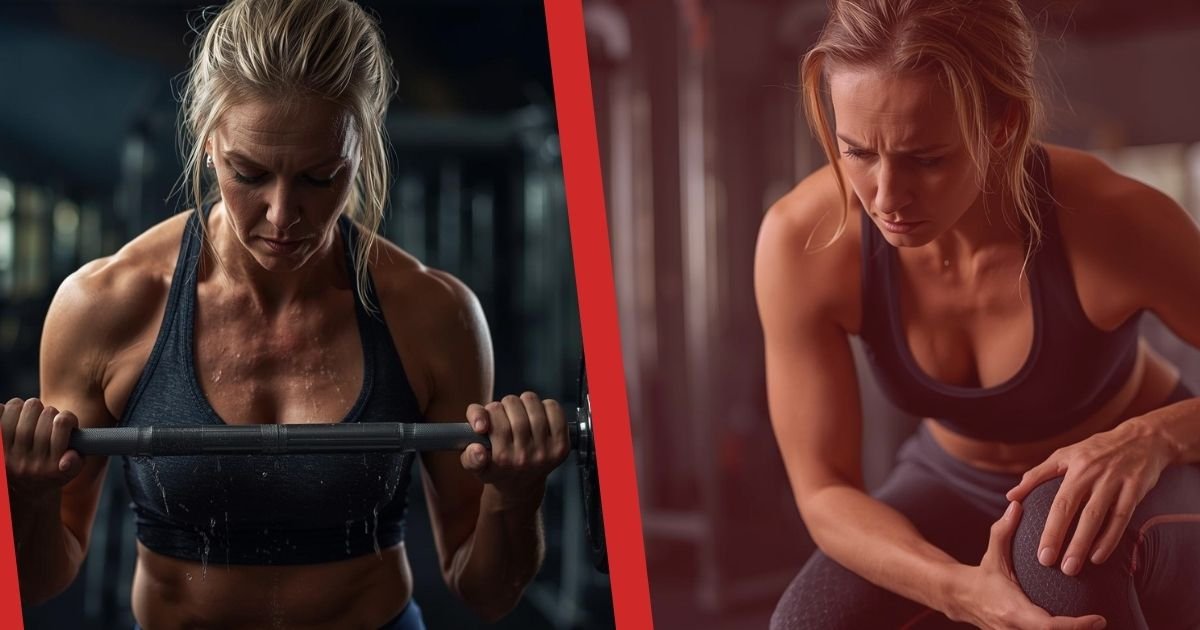 Mujer adulta entrenando fuerza con barra en el gimnasio y otra mujer descansando con gesto de fatiga durante el entrenamiento, representando el estancamiento físico en mujeres mayores de 40 años.